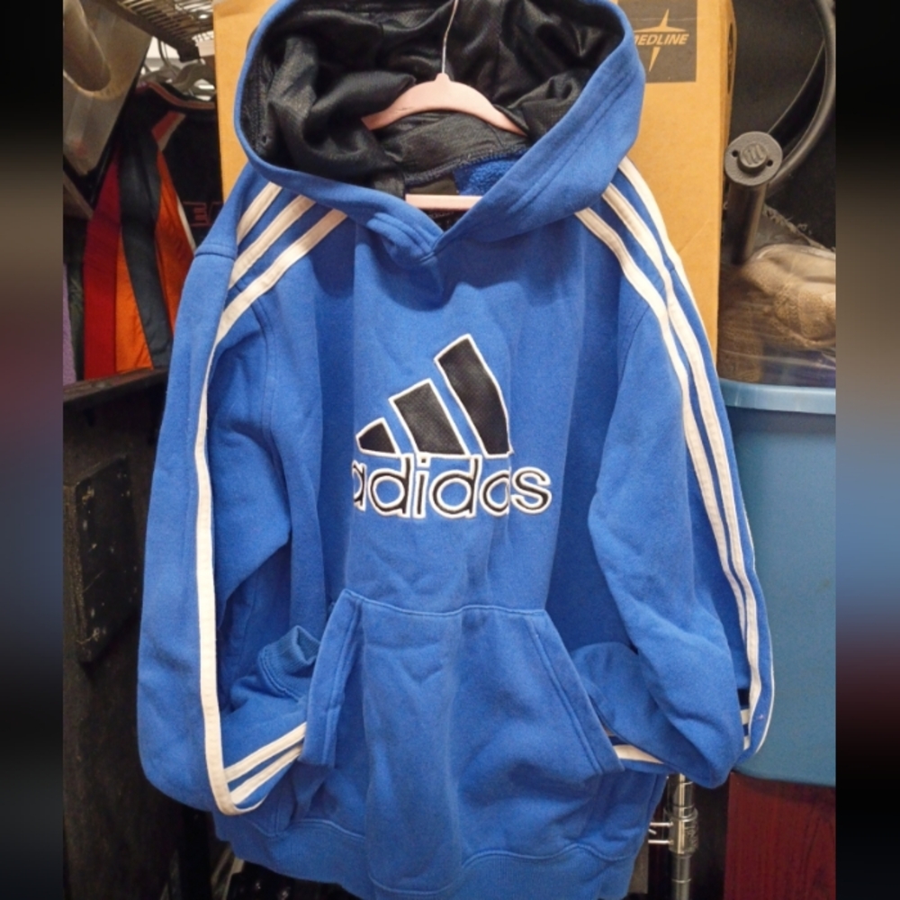Adidas Kids Blue Hoodie with Black and White Stripes